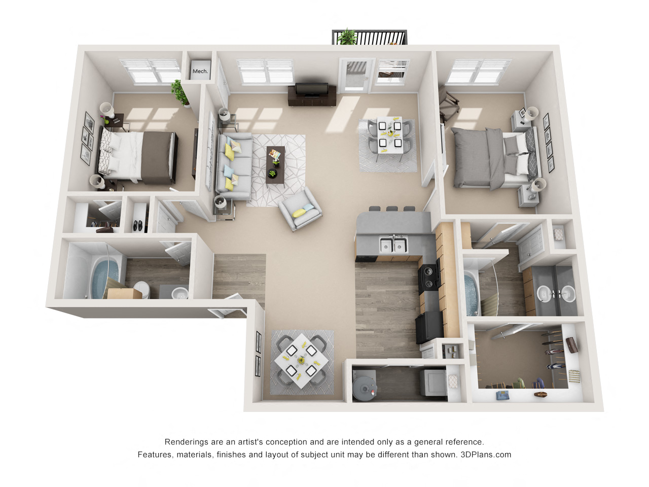Floor plan for 2 beds, 2 baths, 1275 sqft
