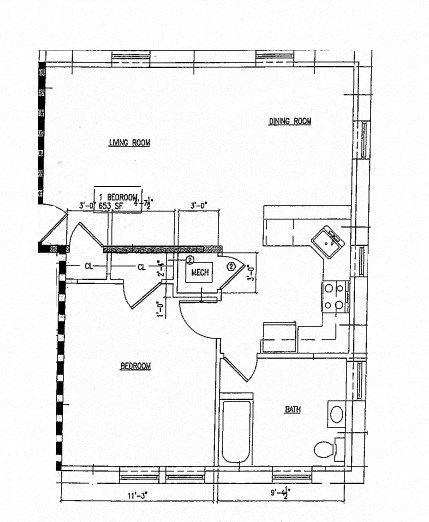 Floor plan for 1 bed, 1 bath, 649 sqft