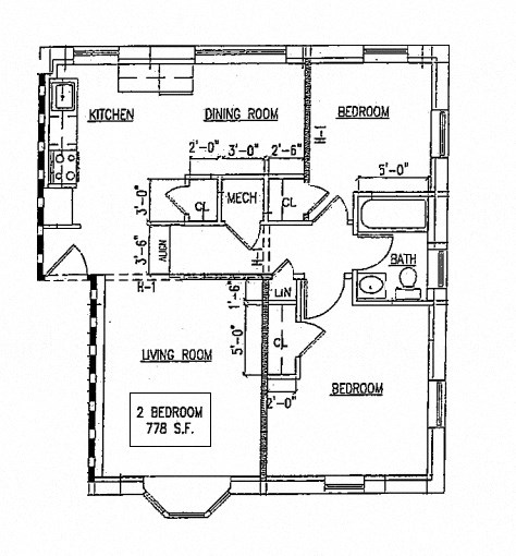 Floor plan for 2 beds, 1 bath, 989 sqft