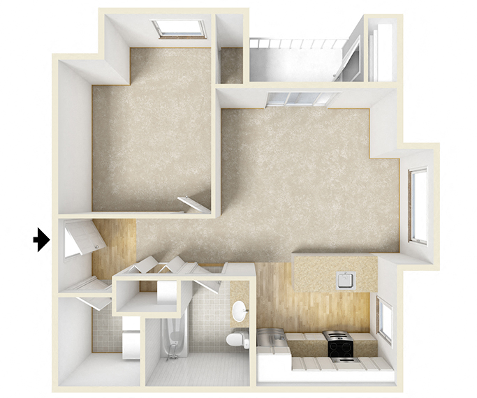 Floor plan for 1 bed, 1 bath, 716 sqft