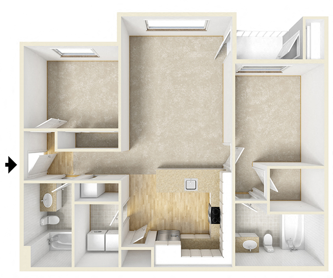 Floor plan for 2 beds, 2 baths, 1024 sqft