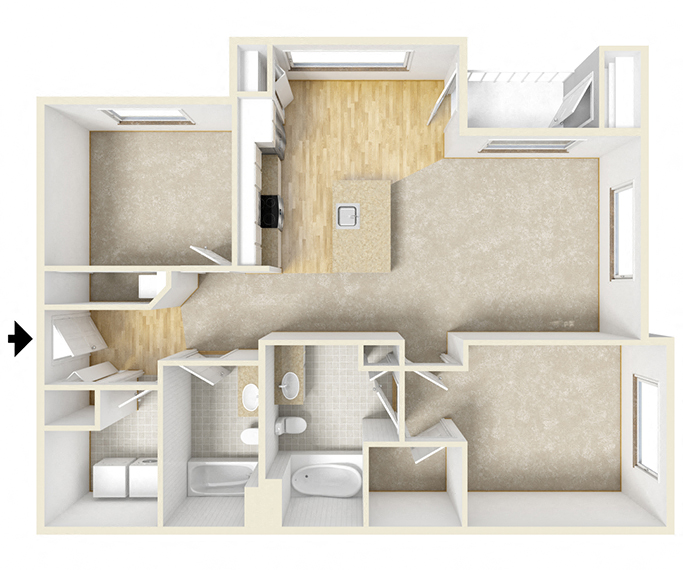 Floor plan for 2 beds, 2 baths, 1041 sqft