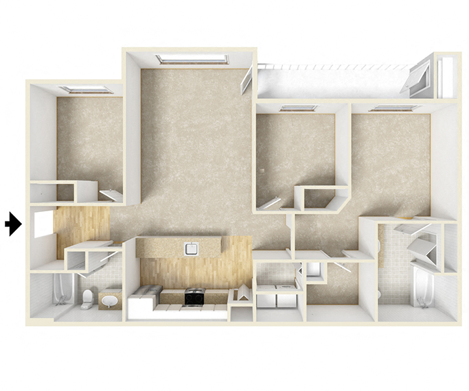 Floor plan for 3 beds, 2 baths, 1253 sqft