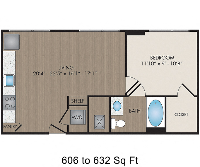 Floor plan for 1 bed, 1 bath, 694 sqft