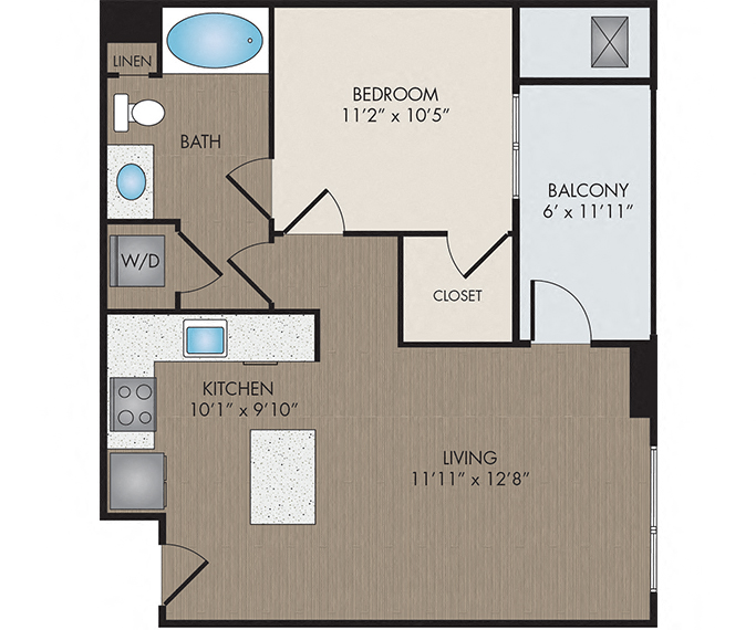 Floor plan for 1 bed, 1 bath, 688 sqft