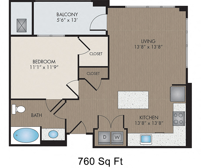 Floor plan for 1 bed, 1 bath, 808 sqft