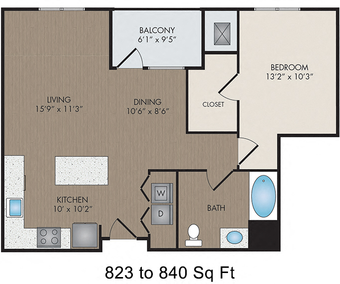 Floor plan for 1 bed, 1 bath, 1067 sqft