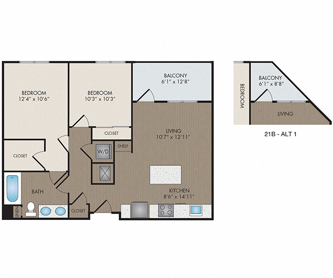 Floor plan for 2 beds, 1 bath, 849 sqft