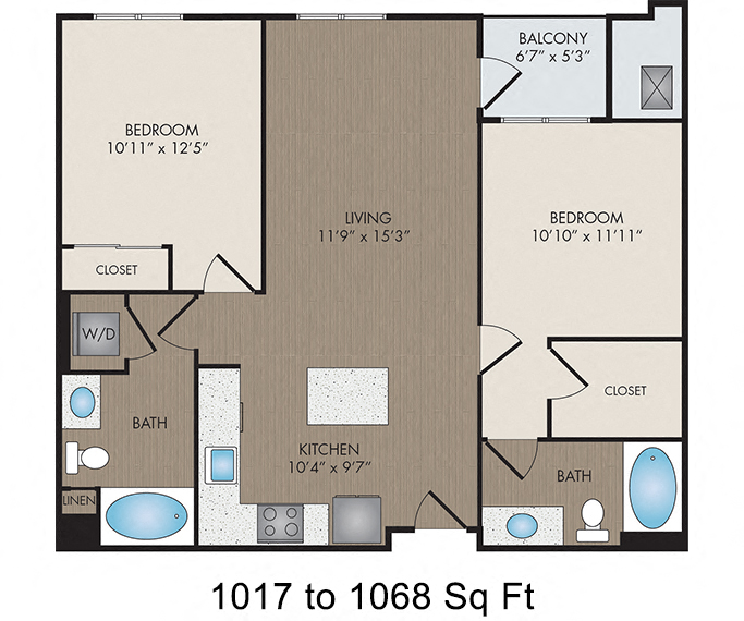 Floor plan for 2 beds, 2 baths, 1193 sqft