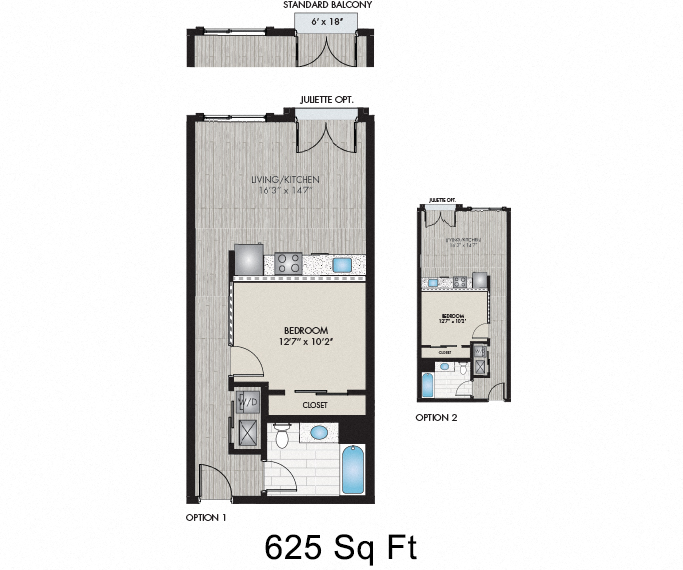 Floor plan for 1 bed, 1 bath, 625 sqft