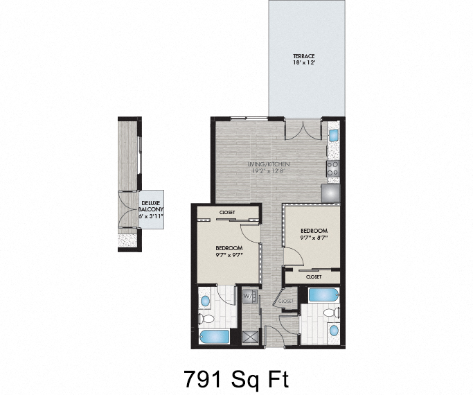 Floor plan for 2 beds, 2 baths, 830 sqft