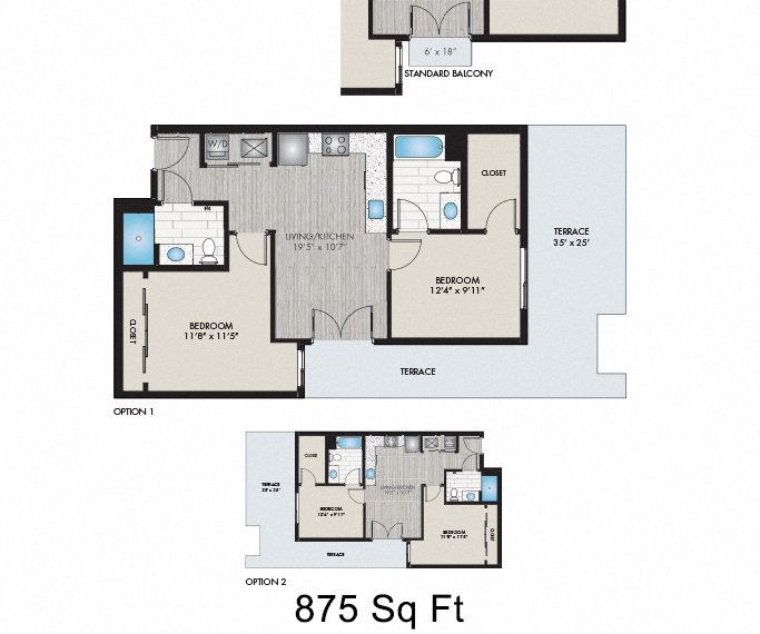 Floor plan for 2 beds, 2 baths, 877 sqft