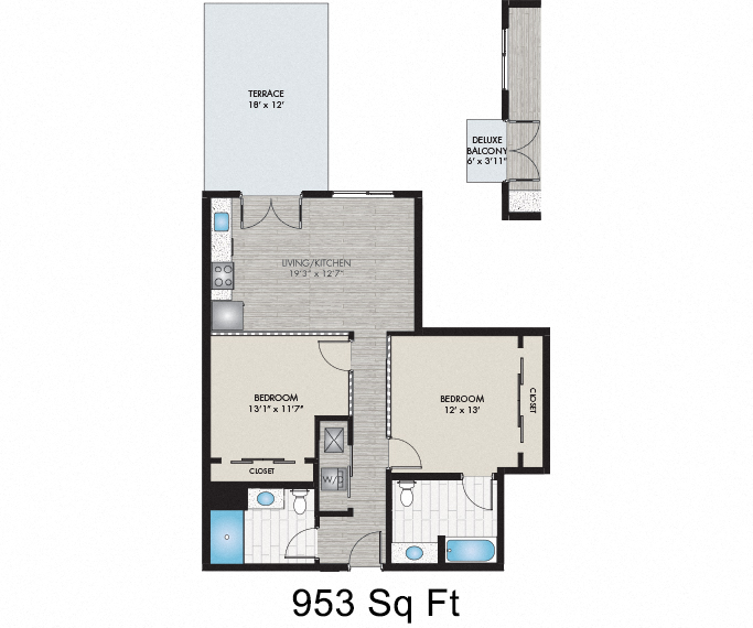 Floor plan for 2 beds, 2 baths, 983 sqft
