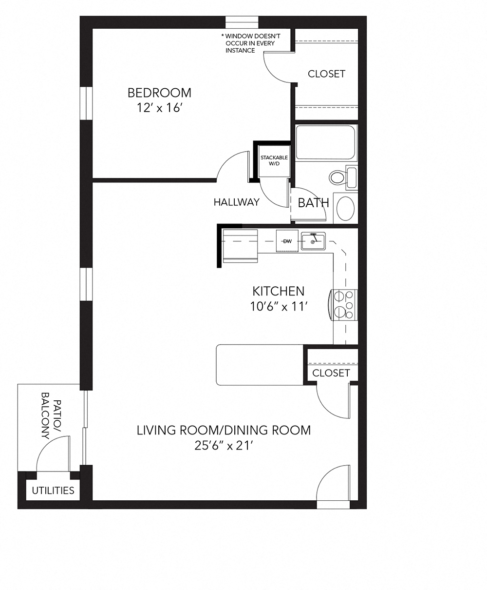 Floor plan for 1 bed, 1 bath, 870 sqft