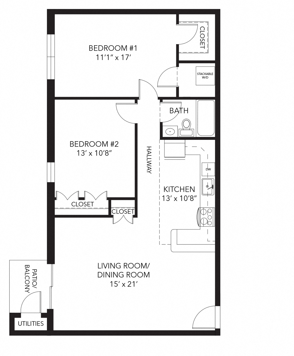 Floor plan for 2 beds, 1 bath, 900 sqft