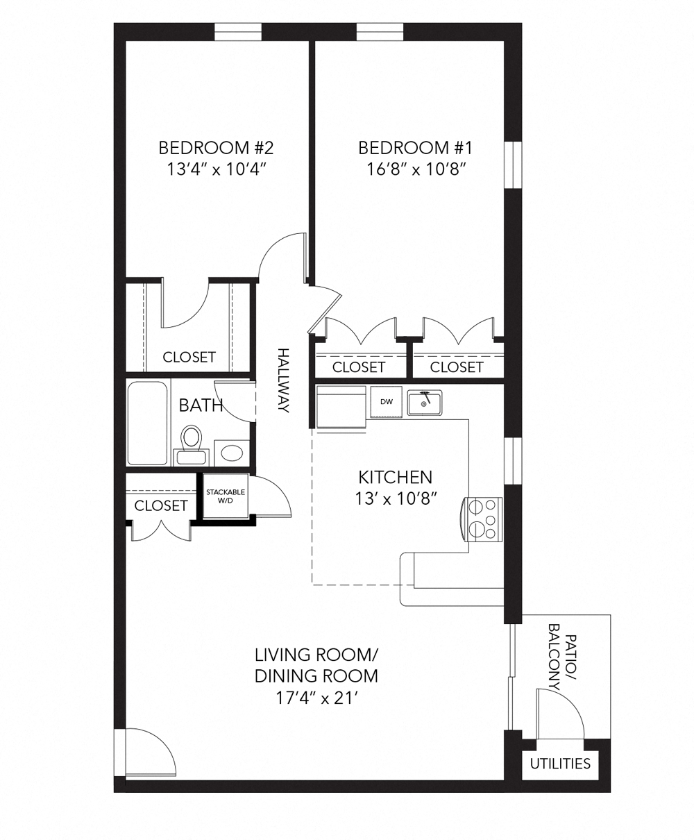 Floor plan for 2 beds, 1 bath, 890 sqft
