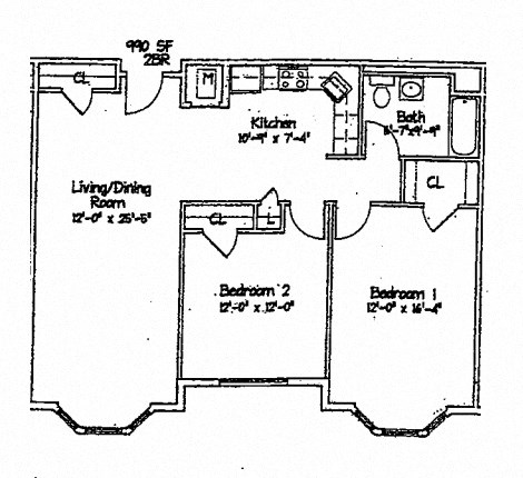Floor plan for 2 beds, 1 bath, 1070 sqft
