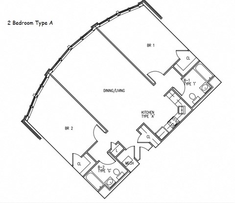 Floor plan for 2 beds, 2 baths, 864 sqft