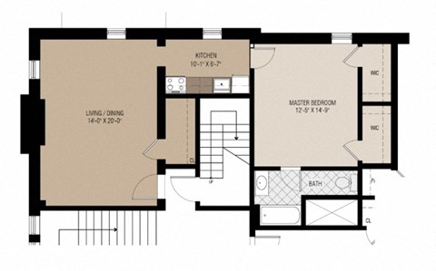 Floor plan for 1 bed, 1 bath, 863 sqft