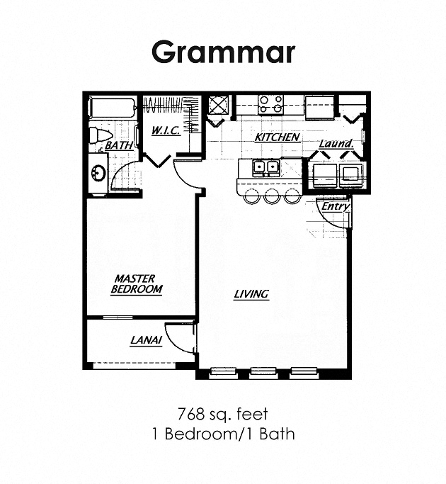 Floor plan for 1 bed, 1 bath, 768 sqft