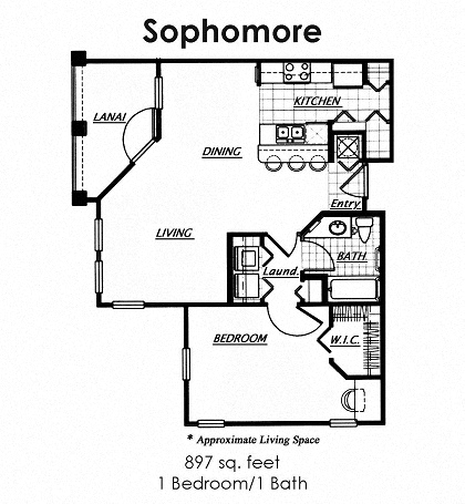 Floor plan for 1 bed, 1 bath, 897 sqft