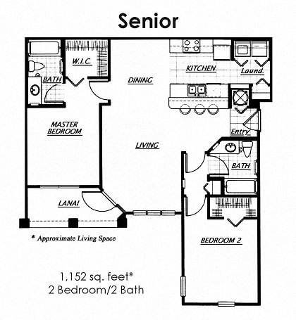 Floor plan for 2 beds, 2 baths, 1152 sqft