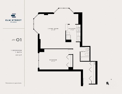 Floor plan for 1 bed, 1 bath, 900 sqft