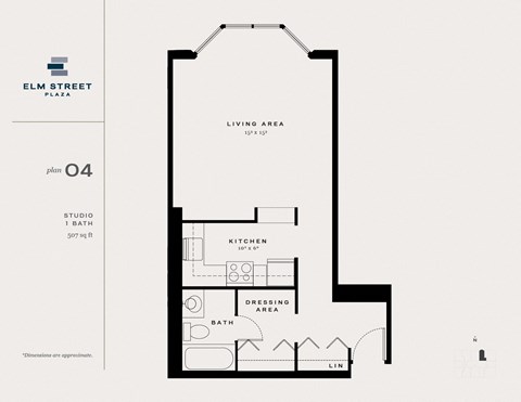 Floor plan for studio, 1 bath, 545 sqft