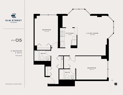 Floor plan for 2 beds, 2 baths, 1100 sqft