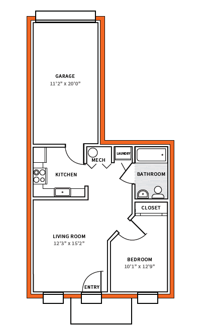 Floor plan for 1 bed, 1 bath, 575 sqft