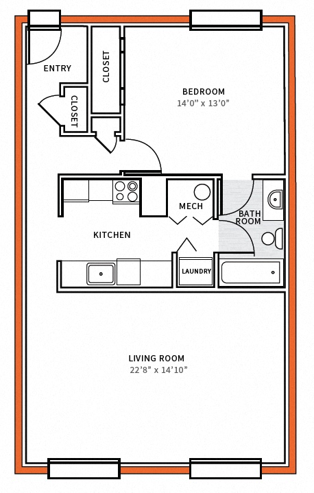 Floor plan for 1 bed, 1 bath, 863 sqft