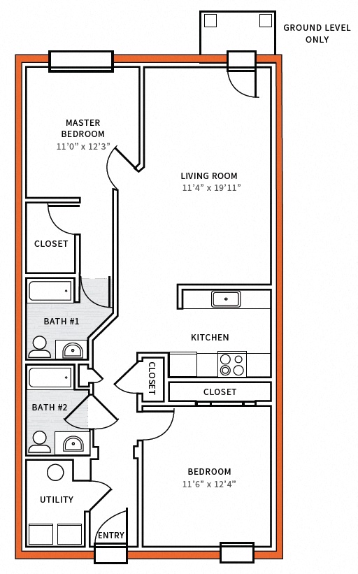 Floor plan for 2 beds, 2 baths, 1027 sqft