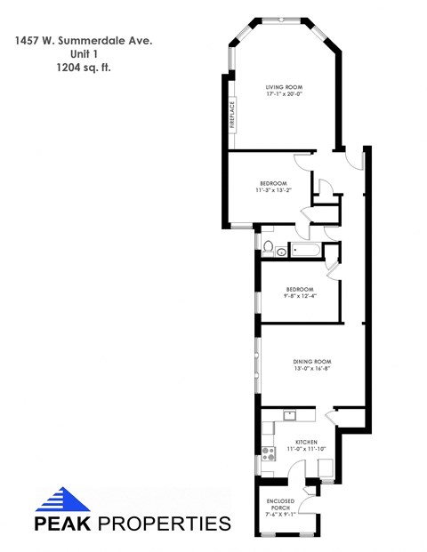 Floor plan for 3 beds, 2 baths, 1204 sqft