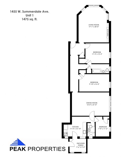 Floor plan for 2 beds, 1 bath, 1204 sqft