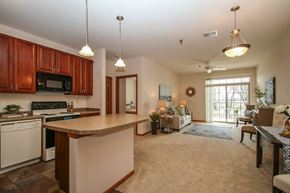 Sun Prairie apartment for rent - a kitchen with a counter top and a living room