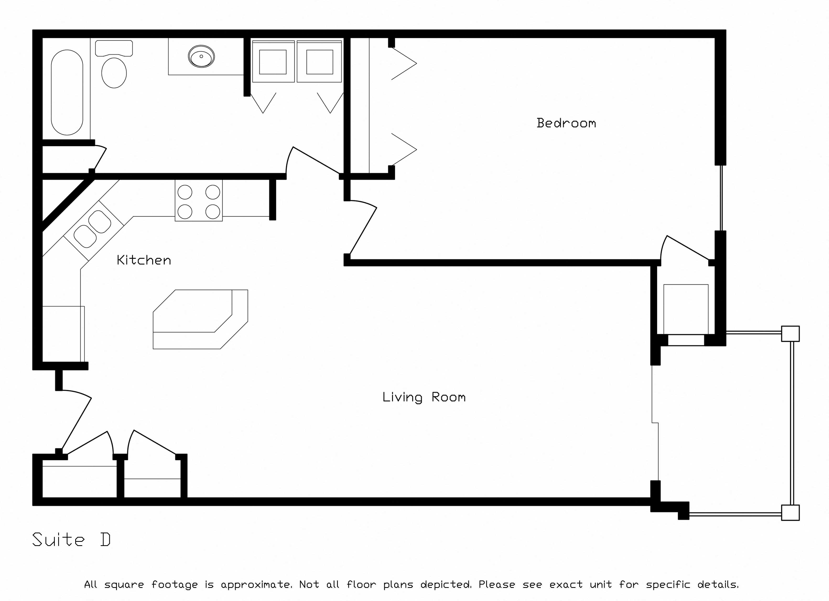 Floor plan for 1 bed, 1 bath, 799 sqft