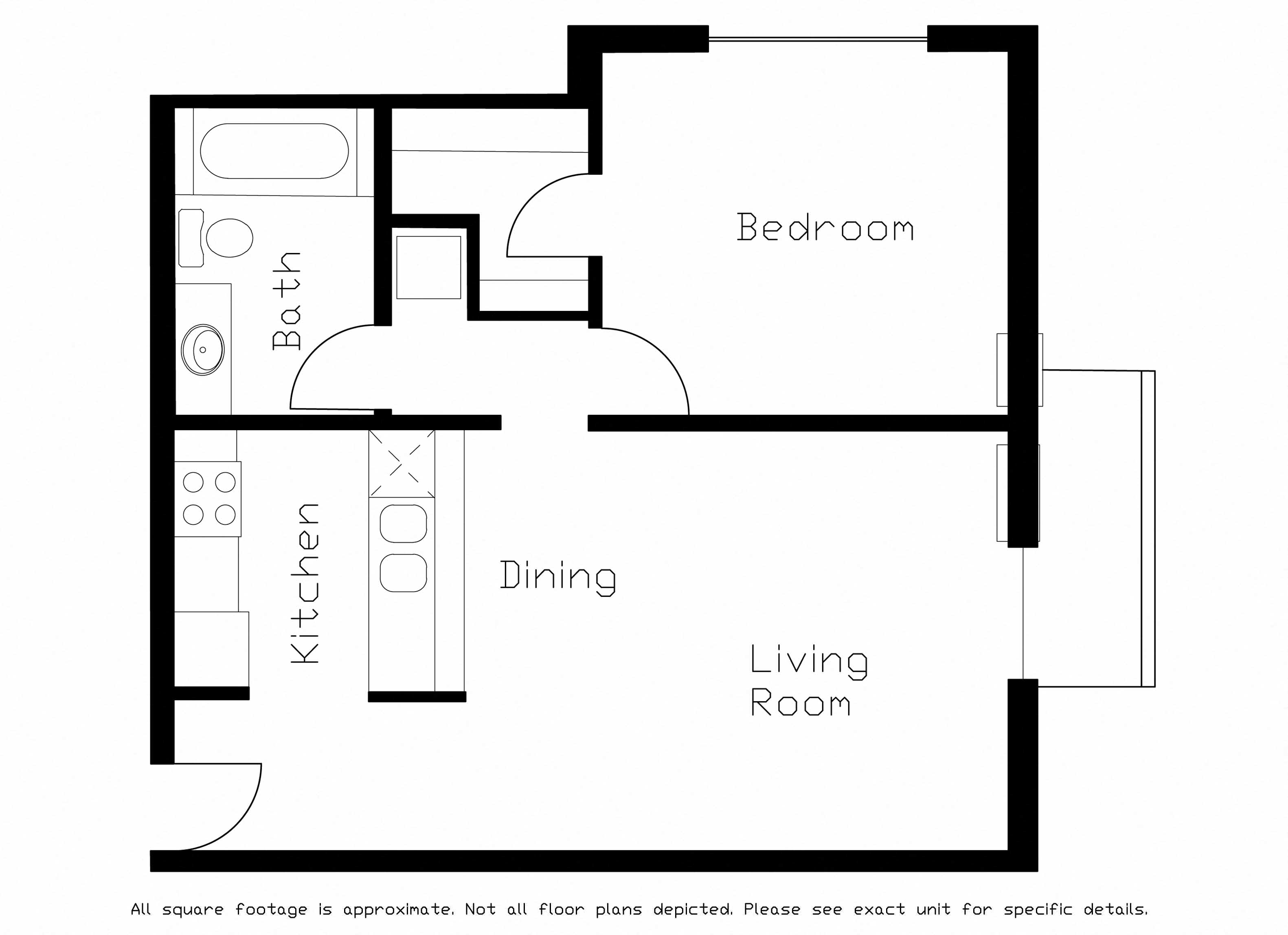Floor plan for 1 bed, 1 bath, 715 sqft