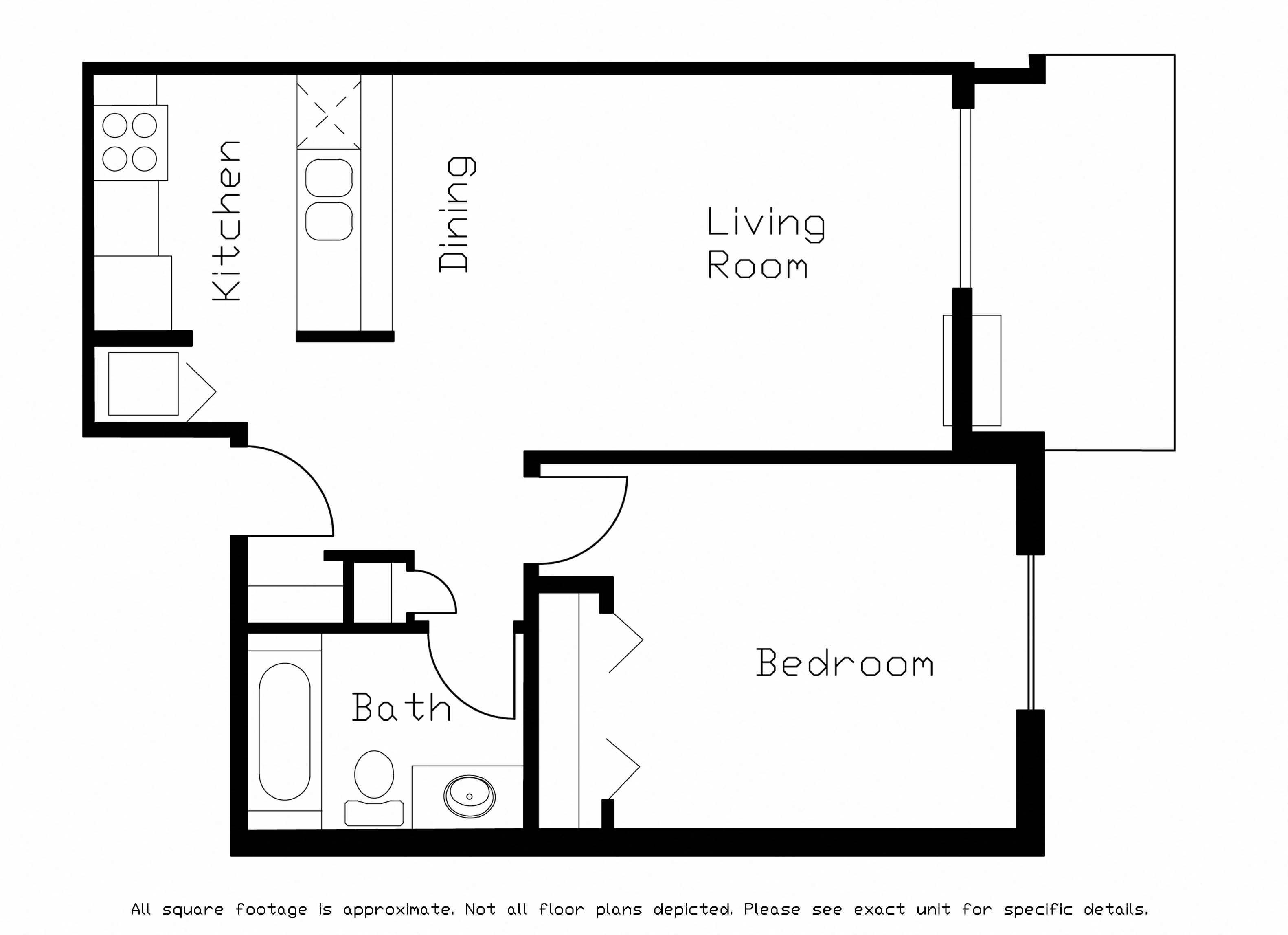 Floor plan for 1 bed, 1 bath, 715 sqft