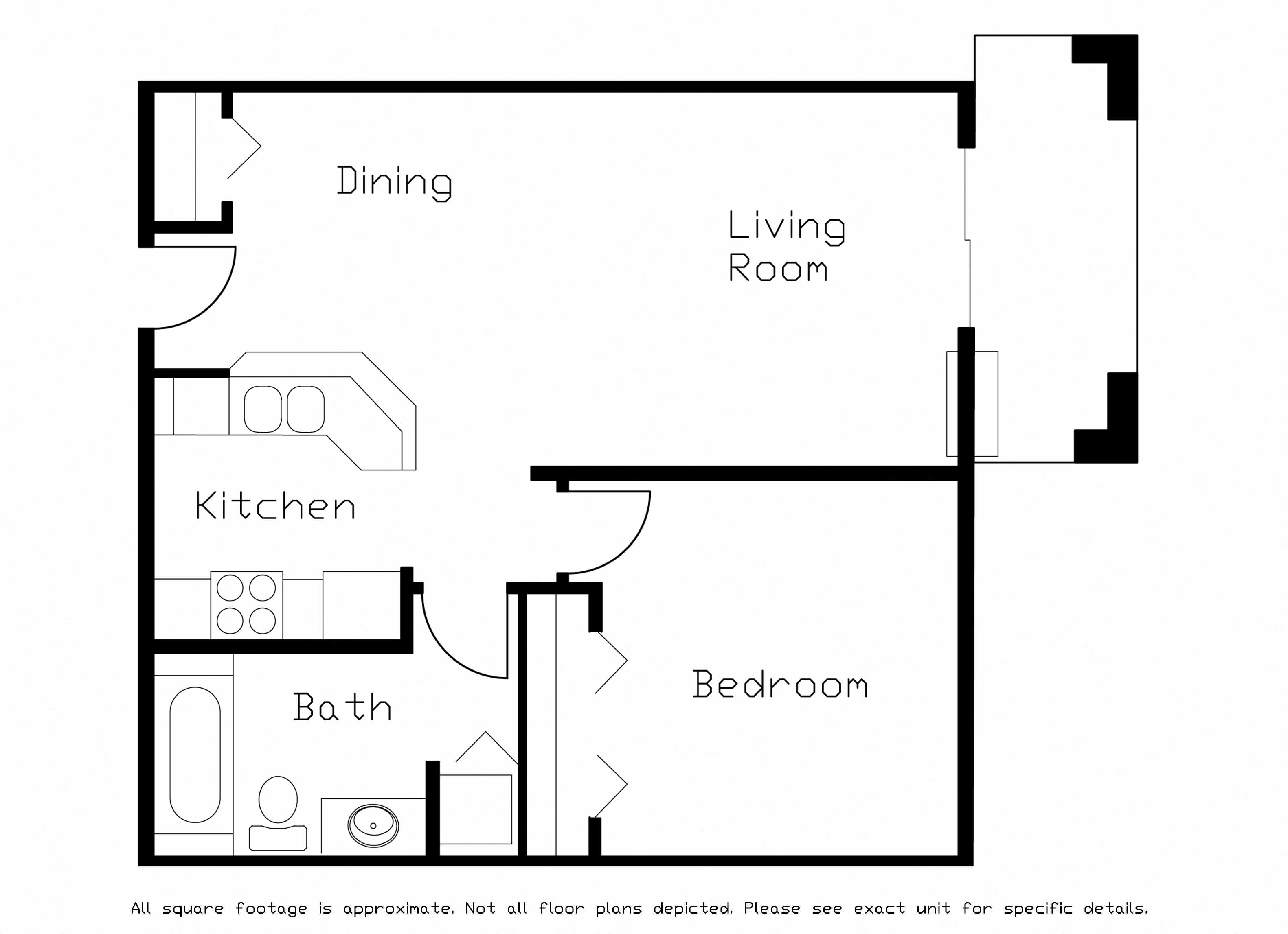 Floor plan for 1 bed, 1 bath, 700 sqft