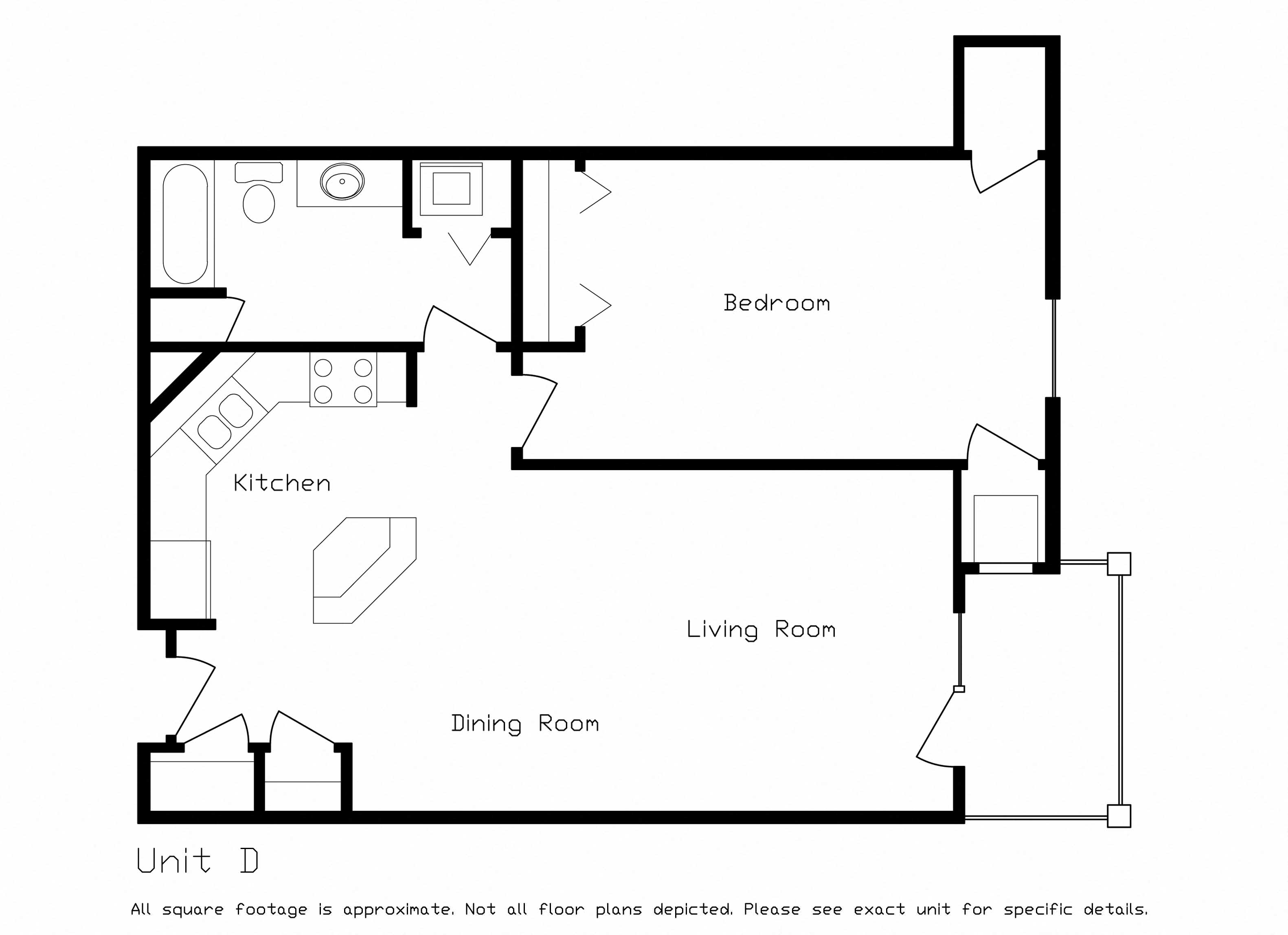 Floor plan for 1 bed, 1 bath, 798 sqft