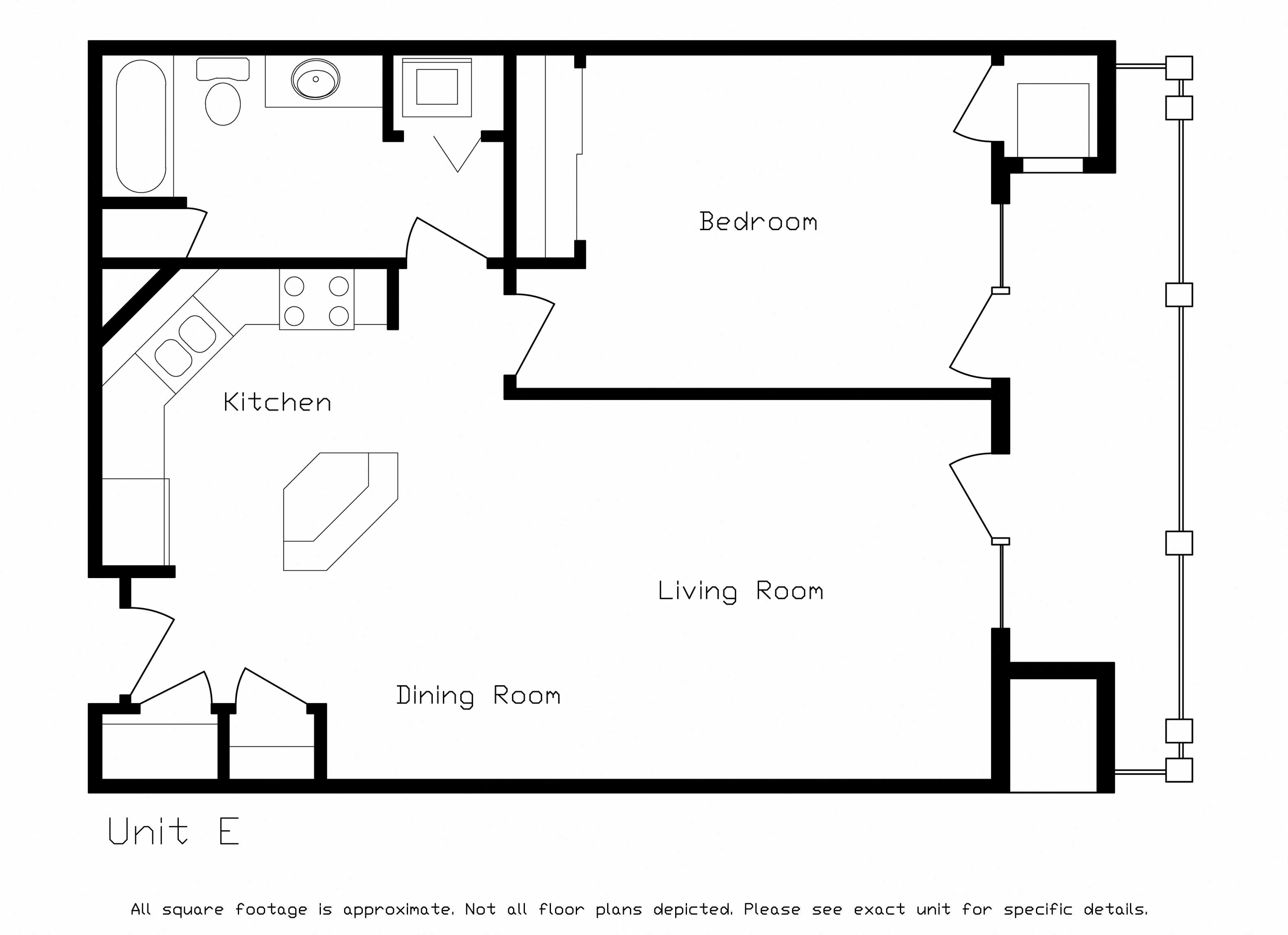 Floor plan for 1 bed, 1 bath, 744 sqft
