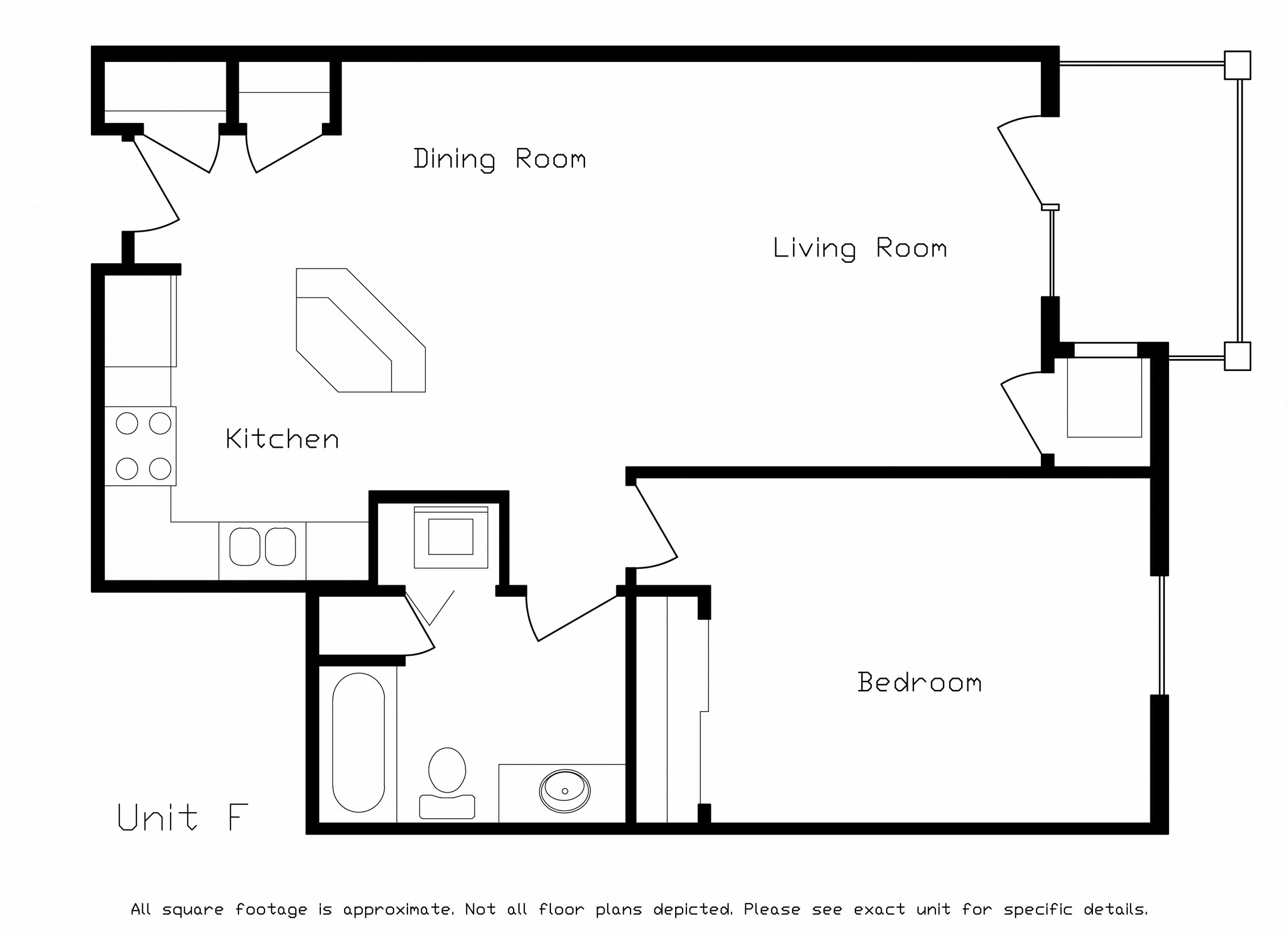 Floor plan for 1 bed, 1 bath, 736 sqft