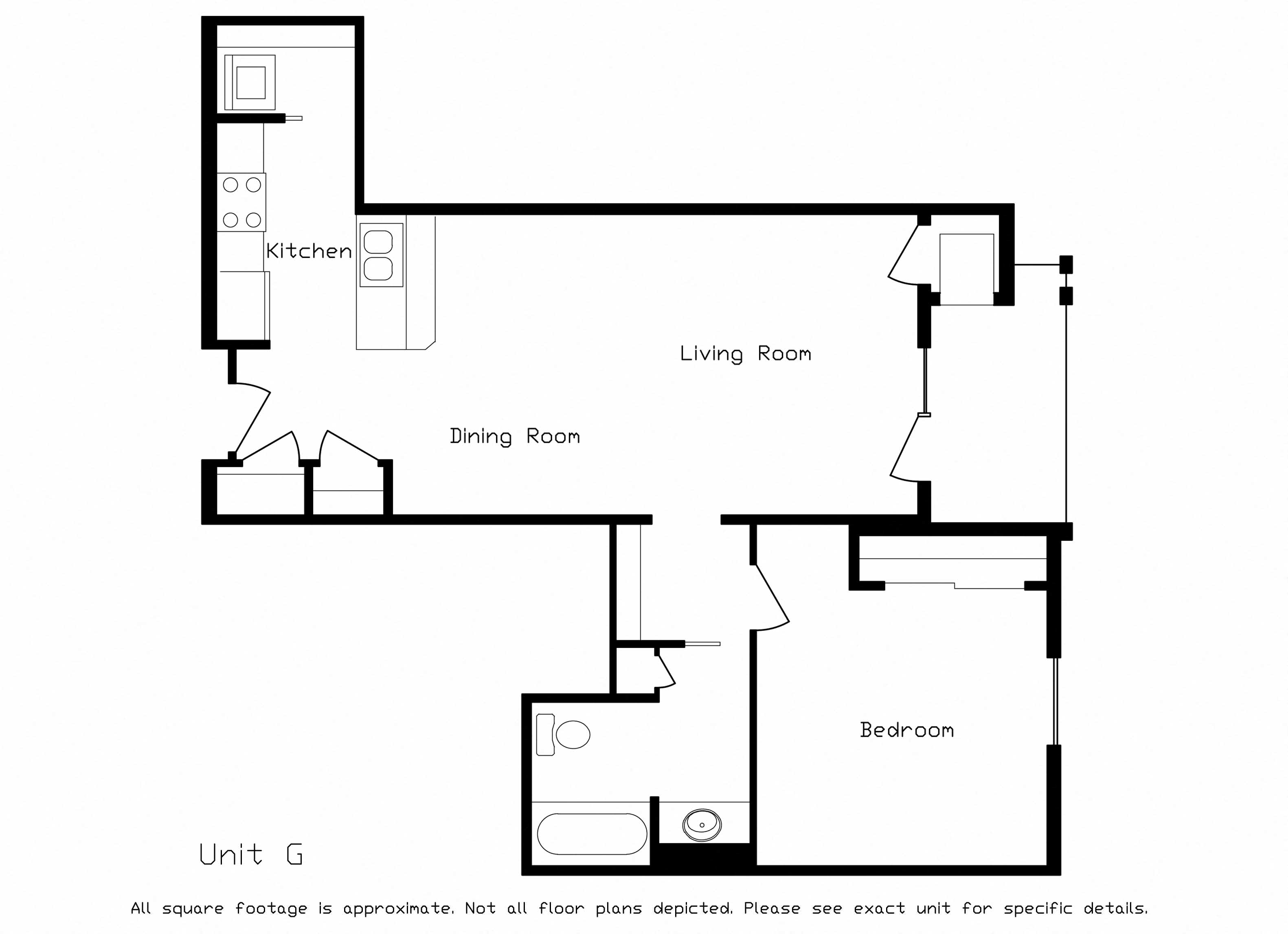 Floor plan for 1 bed, 1 bath, 753 sqft