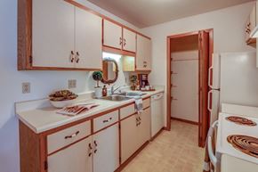 Madison apartment for rent - a kitchen with white cabinets and a sink and a refrigerator