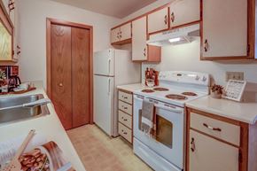 Madison apartment for rent - a kitchen with white appliances and wooden cabinets