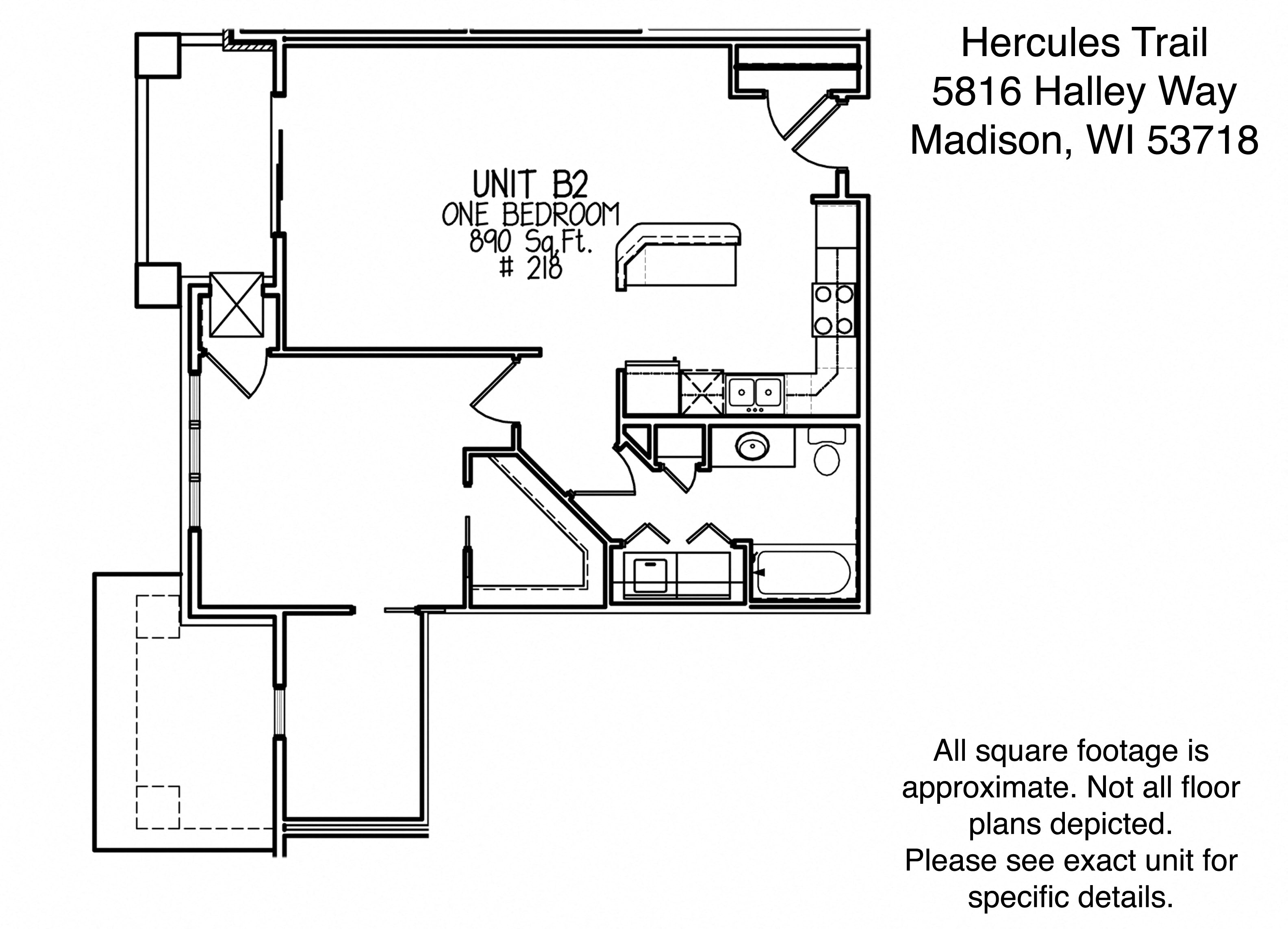 Floor plan for 1 bed, 1 bath, 890 sqft