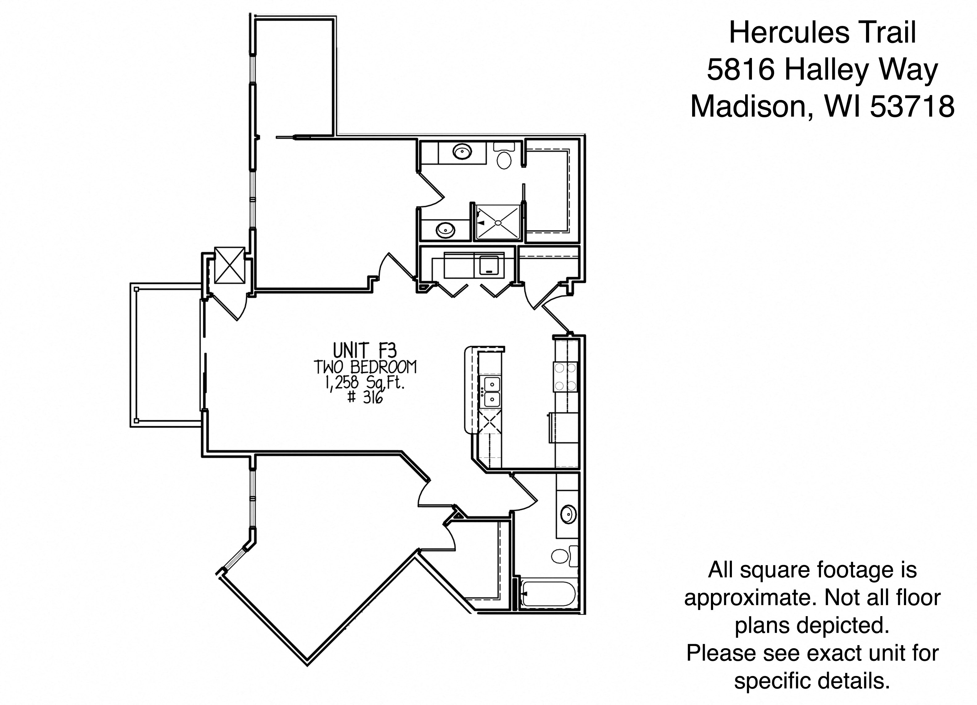 Floor plan for 2 beds, 2 baths, 1258 sqft