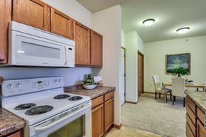 Madison apartment for rent - a kitchen with white appliances and a microwave above the stove