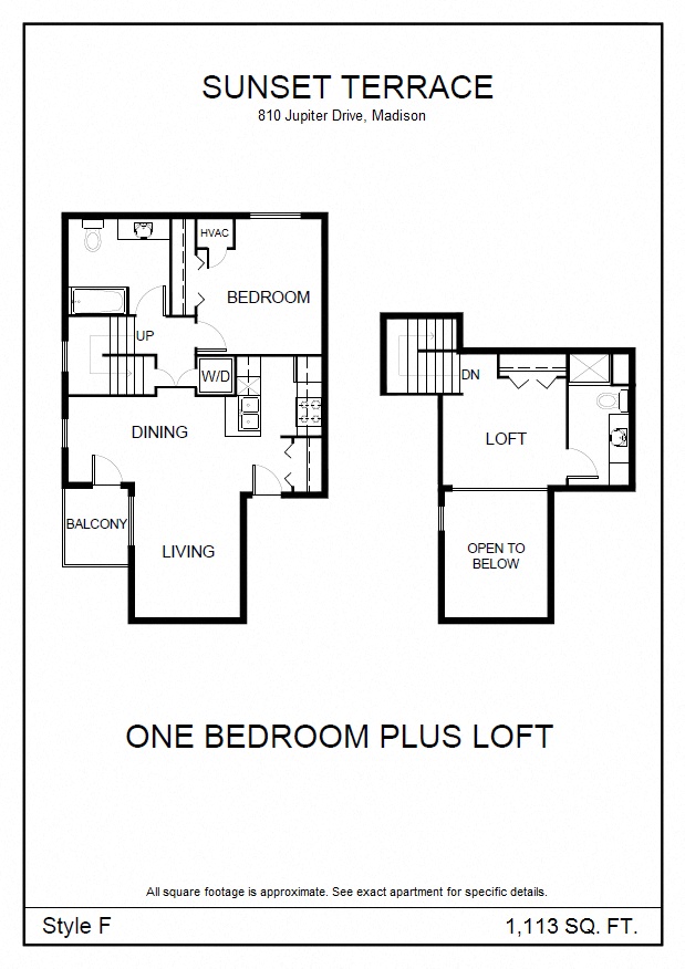 Floor plan for 1 bed, 2 baths, 1113 sqft