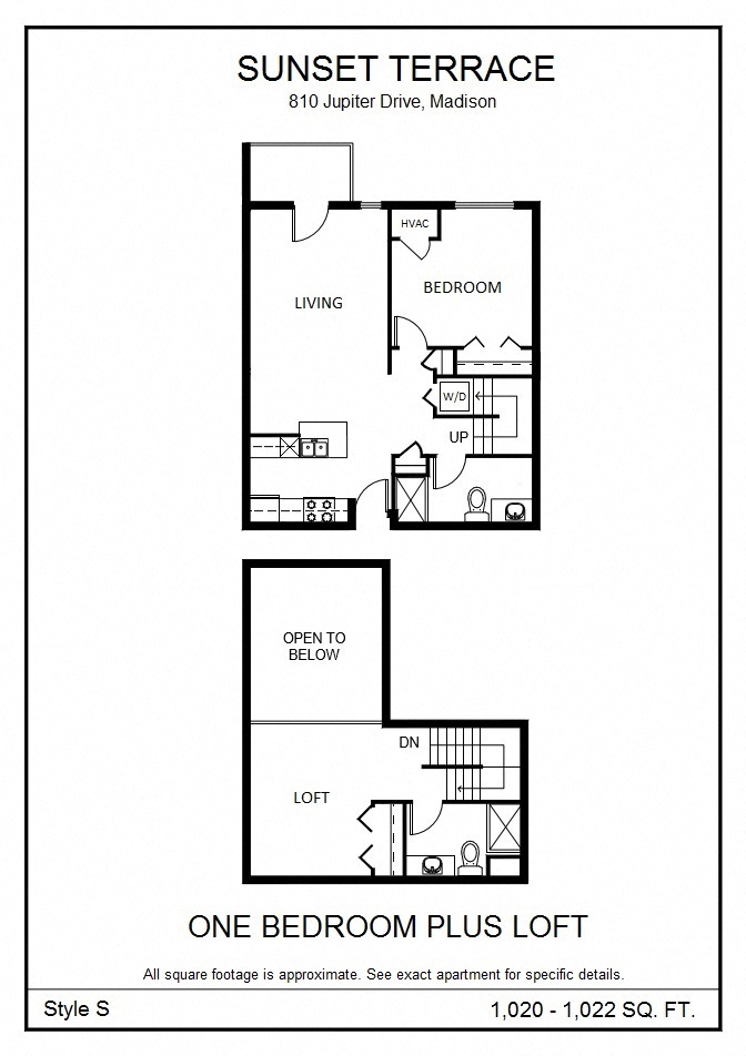 Floor plan for 1 bed, 2 baths, 1022 sqft